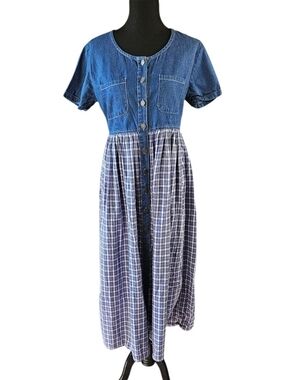 Vintage MPH Denim & Plaid Prairie Dress Cottagecore Medium